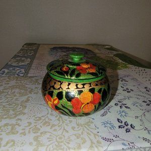 Vintage Painted Floral Motif Lacquered Wood Trinket Box